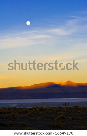 bolivia uyuni, sunset mountain landscape with moon