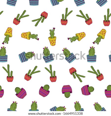Cute hand drawn cacti seamless vector pattern background .Perfect for scrapbooking, textile and decor projects. Surface pattern design. 
