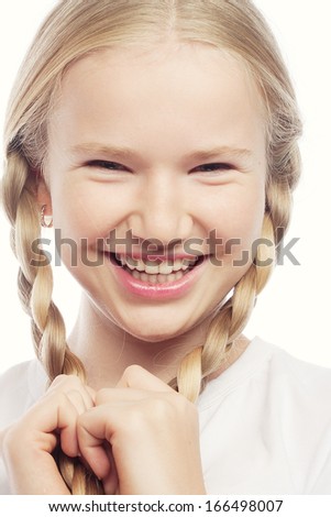 Little happy girl with big smile.Picture for dentistry.