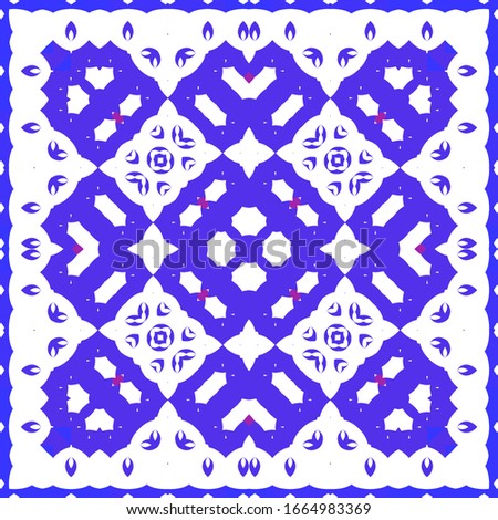 Ornamental azulejo portugal tiles decor. Colored design. Vector seamless pattern trellis. Blue gorgeous flower folk print for linens, smartphone cases, scrapbooking, bags or T-shirts.