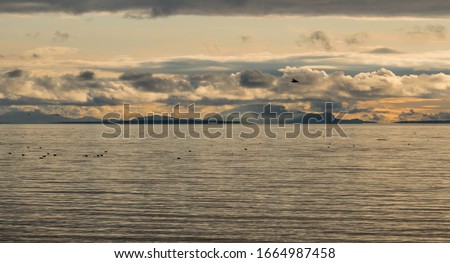 Birds enjoy beautiful skies over Semiahmoo Bay, White Rock, BC, Canada. Low storm clouds are clearing while San Juan Islands of Washington State are silhouetted in dark blue.