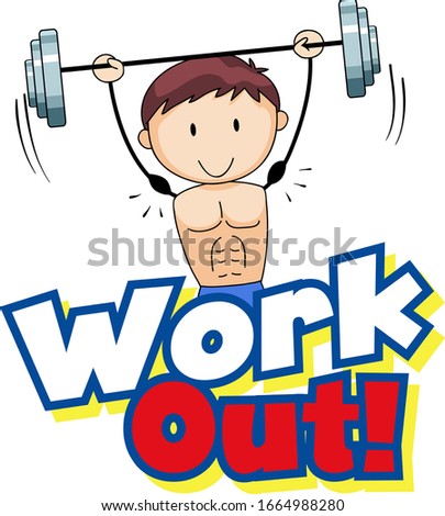 Font design for word work out with boy lifting weight illustration
