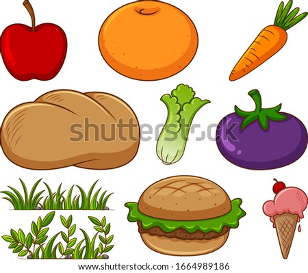 Large set of different food and other items on white background illustration