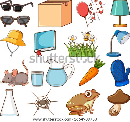 Large set of different equipments and other items on white background illustration