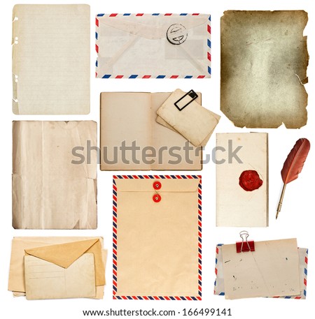 set of old paper sheets, book, envelope, ink pen; manuscript with seal, card isolated on white background