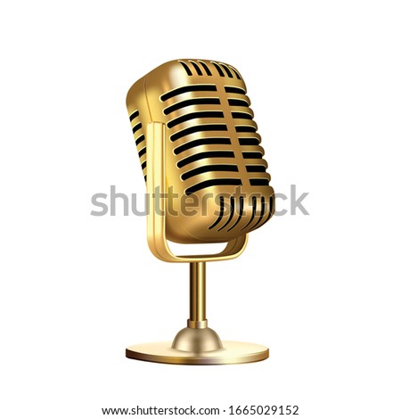 Microphone Vintage Style Radio Equipment Vector. Microphone For Singer Or Leading Concert Device. Singing Or Speak Tool Glossy Golden Color Concept Template Realistic 3d Illustration