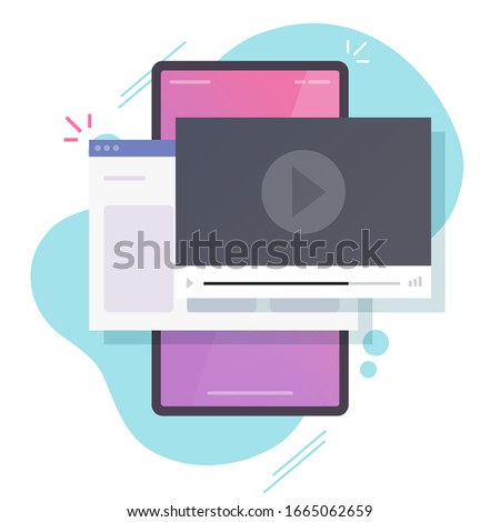Online video watching on mobile phone via web internet or smartphone streaming movie content in player window vector flat cartoon illustration, idea of webinar or cellphone media modern design