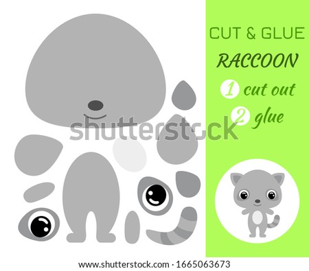 Cut and glue baby raccoon. Color paper application game. Educational paper game for preschool children. Cartoon character. Forest animal. Flat vector stock illustration.