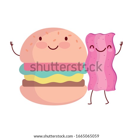 burger and bacon menu character cartoon food cute vector illustration