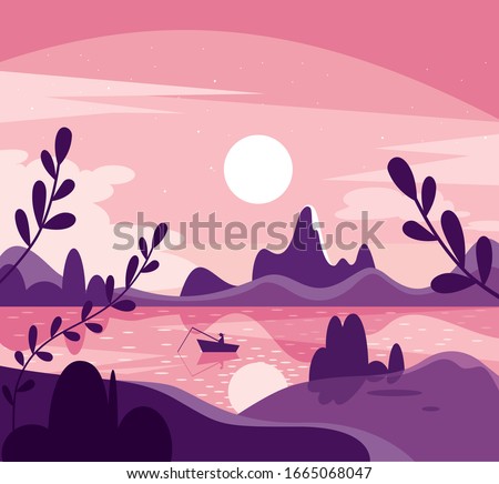 Morning vector nature landscape in pink, purple  and white colors. Fishing on the river at sunrise. 