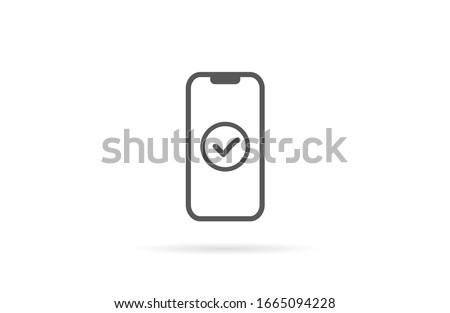Checkmark on smartphone screen. Green confirmation notification of success finish app update or purchase payment tick on mobile phone holding in hand. Check mark sign vector flat illustration Royalty-Free Stock Photo #1665094228