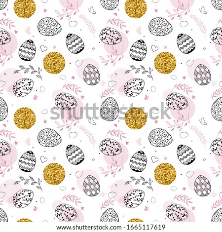 Seamless easter pattern with gold glitter dots, ornamental black hand drawn eggs, leaves, butterflies on white background. Easter holiday background with gold and pink color. illustration.