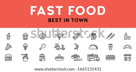 Vector fast food icon set. Junk menu logo symbol collection. Modern signs for cafe, delivery, restaurant, stall, bar. Flat take away pictogram illustration in line style