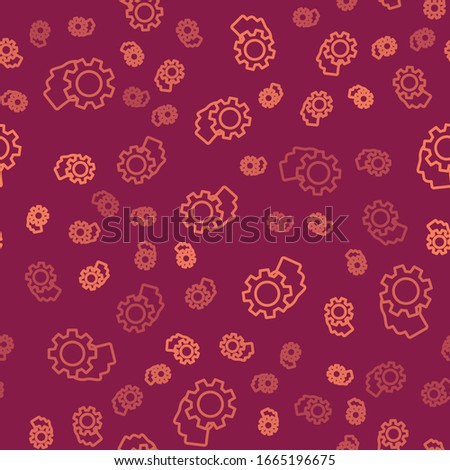 Brown line Human head with gear inside icon isolated seamless pattern on red background. Artificial intelligence. Thinking brain. Symbol work of brain.  Vector Illustration