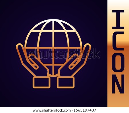 Gold line Human hands holding Earth globe icon isolated on black background. Save earth concept.  Vector Illustration