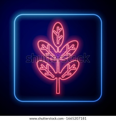 Glowing neon Leaf icon isolated on blue background. Leaves sign. Fresh natural product symbol.  Vector Illustration