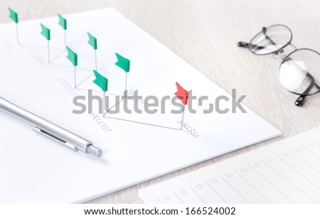 Business concept of planning process and further analyzing of development strategy achieving success on a modern workplace desk with papers and office stuff. 