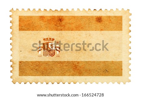 Water stain mark of Spain flag on an old retro brown paper postage stamp. 