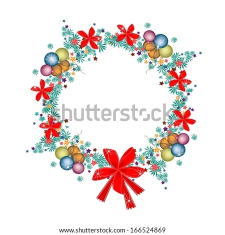 Christmas Wreath Decorated with Christmas Ornaments, Christmas Balls, Stars and Lovely Red Bow, Sign for Christmas Celebration. 