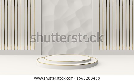 3d abstract geometric background with pedestal. Minimalistic modern trendy illustration. White and gold colors.
