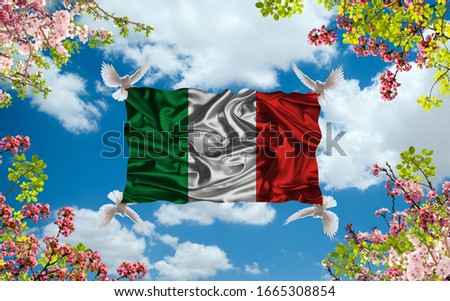 Pigeons and Italy flag, with beautiful flowers in the sky