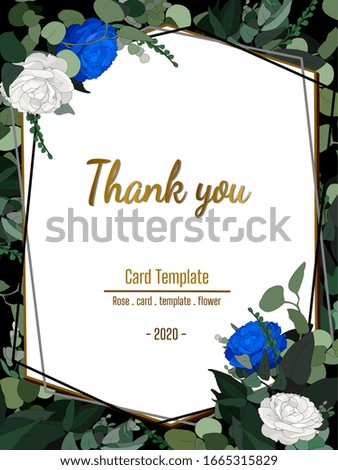 Flower banner or greeting card with blue and white roses and leafs on background.