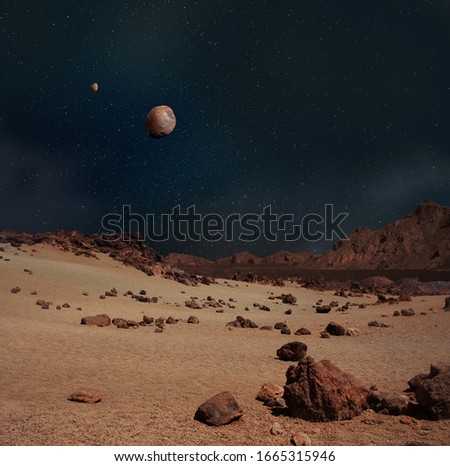 Illustration of moons Phobos and Deimos in the sky of the Planet Mars rocky landscape. Moon images provided by NASA. Royalty-Free Stock Photo #1665315946