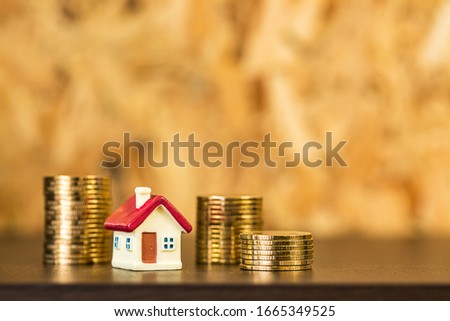 selective focus of miniature tiny home and blurred of stack coins on wooden floor,  Image for real-estate management  concept.