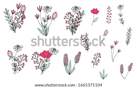 Set of small bouquets and branches of multi-colored simple flowers in doodle style. Delicate pastel colors. Hand drawing. Isolated objects on a white background.Vector stock illustration.