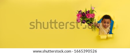 Smiling African-American with a bouquet of Tulip flowers looks out of torn paper gives flowers on yellow background. Concept of Valentine's Day, mother's Day, eighth of March, spring