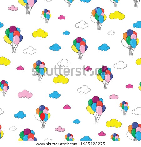 Kid's seamless pattern with balloons , clouds . Colorfull, bright. 