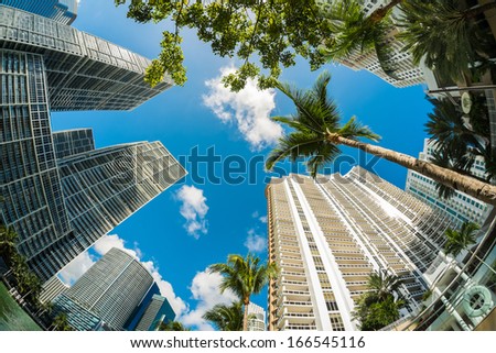 Fish eye view of the Brickell area in downtown Miami along Biscayne Bay. Royalty-Free Stock Photo #166545116