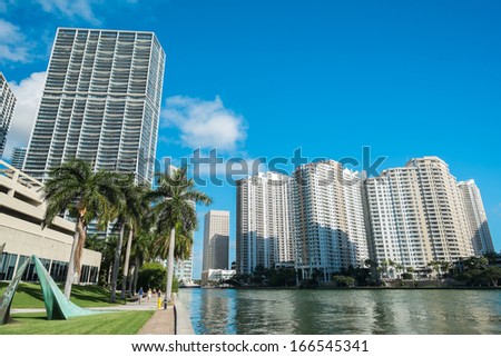 Downtown Miami along Biscayne Bay with Brickell Key in the background.
