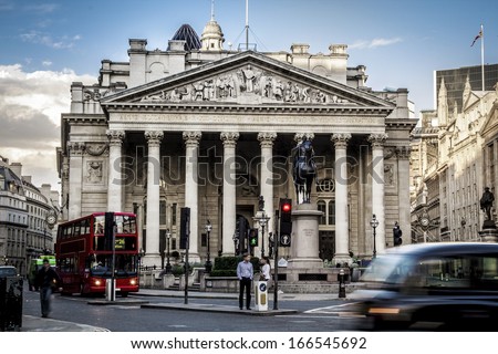 Royal Exchange, London With Red doubledecker Royalty-Free Stock Photo #166545692