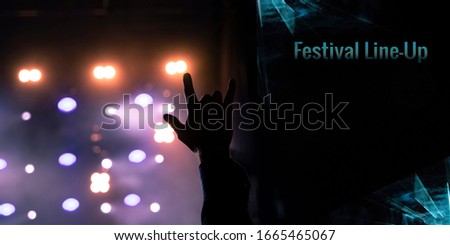 rock music festival poster lineup pattern flyer concept with human hand on stage illumination spot light background and black space for your text here