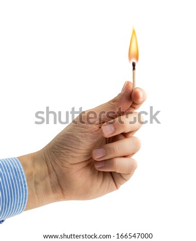 hand holding a burning matchstick on white background