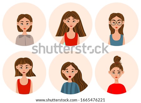 Girls with different facial expressions and emotions. Cartoon style. Vector illustration