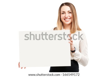 Young woman holding blank signboard.