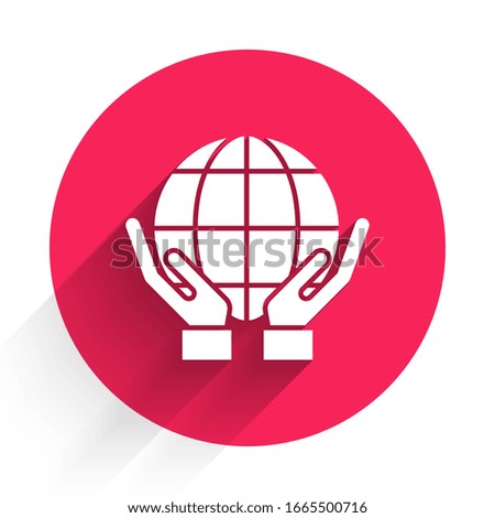 White Human hands holding Earth globe icon isolated with long shadow. Save earth concept. Red circle button. Vector Illustration