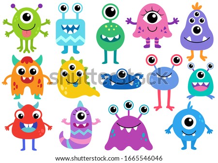 Cute Monster Vector Set. Creature cartoon character drawings. Monsters illustration. Alien clip art. Creepy critter graphic collection.
