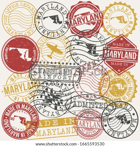 Maryland, USA Set of Stamps. Travel Passport Stamps. Made In Product. Design Seals in Old Style Insignia. Icon Clip Art Vector Collection.