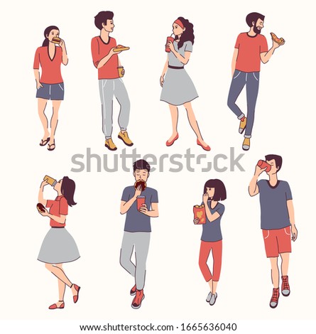 Young people eating fast food including pizza, burgers and donuts. Flat style, hand drawn vector illustration.