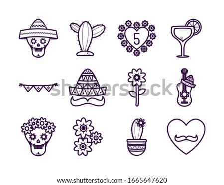 Mexican line style icon set design, Mexico culture tourism landmark latin and party theme Vector illustration