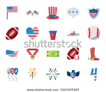 Usa fill style icon set design, United states america independence day nation us country and national theme Vector illustration