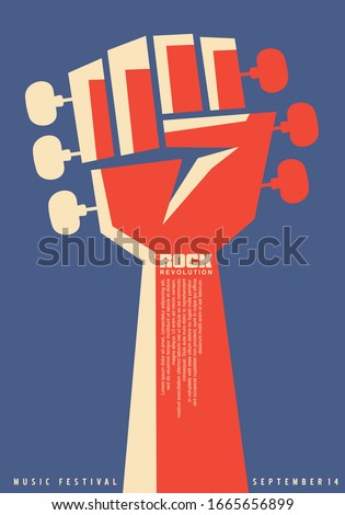 Rock revolution creative poster idea with revolutionary fist and guitar neck with tuning pegs. Music event flat flyer template. Musical vector illustration for punk or hard rock festival.
