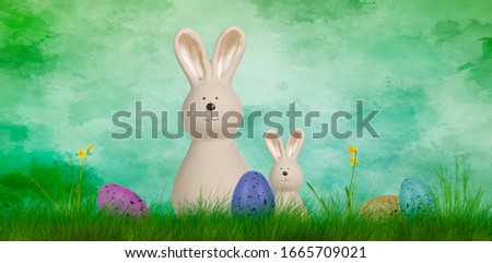 a colorful easter background with bunnies and easter eggs
