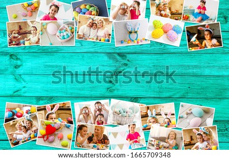 collage of photos of Happy easter day on wood table backgroud. Holiday in spring season. vintage and retro style, top view