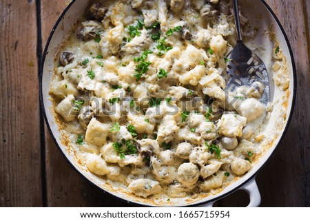 Creamy chicken, mushroom, gnocchi parsley bake