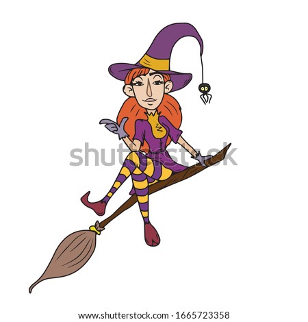 Happy Halloween witch on a broom in a hat and a spider. Colorful silhouette. Children's flat vector design on a white isolated background