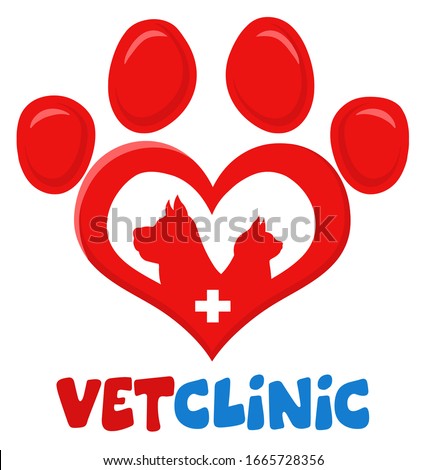 Veterinary Love Paw With Dog Cat Silhouette And Cross Print Logo Flat Design. Vector Illustration Isolated On White Background With Text